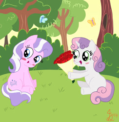 Size: 882x905 | Tagged: safe, artist:icesticker, diamond tiara, sweetie belle, blushing, bouquet, diamondbelle, female, lesbian, shipping, sitting