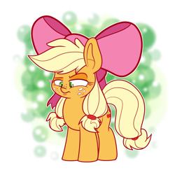 Size: 1100x1100 | Tagged: safe, artist:heir-of-rick, applejack, earth pony, pony, bow, cute, female, filly, filly applejack, frown, hair bow, jackabetes, pigtails, solo, younger