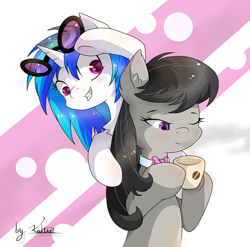 Size: 3008x2976 | Tagged: safe, artist:kaliner123, dj pon-3, octavia melody, vinyl scratch, earth pony, pony, unicorn, adjusting glasses, blushing, drink, kaliner123