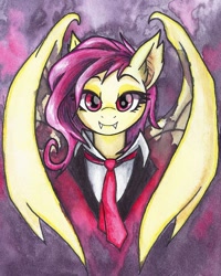 Size: 800x999 | Tagged: safe, artist:astevenamedwolf, fluttershy, bat pony, pony, alucard, alushy, bat wings, bust, clothes, crossover, fangs, female, flutterbat, hellsing, looking at you, mare, necktie, portrait, race swap, red eyes, solo, suit, traditional art, watercolor painting, wings