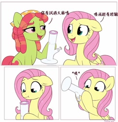 Size: 934x960 | Tagged: safe, artist:moozua, edit, fluttershy, tree hugger, earth pony, pegasus, pony, bong, chinese, comic, drugs, duo, female, imminent vomiting, mare, painfully innocent fluttershy, simple background, translation, tree stoner, white background, you're doing it wrong