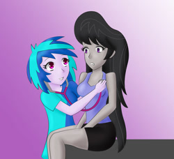 Size: 1024x933 | Tagged: safe, artist:tigerssunshyn, dj pon-3, octavia melody, vinyl scratch, equestria girls, female, lesbian, listening, medical play, playing doctor, scratchtavia, shipping, stethoscope