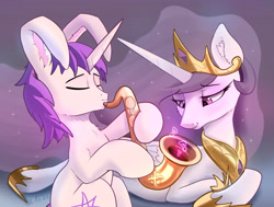 Size: 5180x3908 | Tagged: safe, artist:xbi, princess celestia, oc, oc:lapush buns, alicorn, pony, unicorn, bunnycorn, jewelry, listening, music, musical instrument, notes, playing instrument, princess molestia, prone, regalia, saxophone, sitting