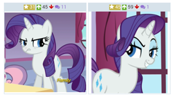 Size: 1050x588 | Tagged: safe, derpibooru import, screencap, rarity, pony, unicorn, 28 pranks later, derpibooru, juxtaposition, meta