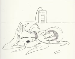 Size: 2479x1954 | Tagged: safe, artist:taurson, fluttershy, pegasus, pony, charging, eyes closed, female, inktober, inktober 2018, mare, monochrome, open mouth, power bank, prone, recharging, sleeping, solo, traditional art, wings