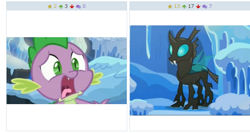 Size: 572x304 | Tagged: safe, screencap, spike, thorax, changeling, dragon, the times they are a changeling, derpibooru, juxtaposition, juxtaposition win, meme, meta