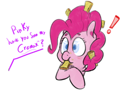 Size: 1634x1209 | Tagged: safe, artist:nugakku, pinkie pie, earth pony, pony, alert, color, cremax, dialogue, female, food, mare, simple background, solo, wafer cookies, white background