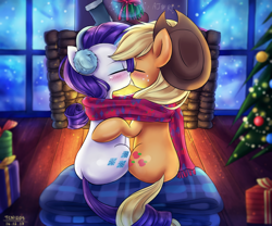 Size: 1800x1500 | Tagged: safe, artist:tcn1205, applejack, rarity, earth pony, pony, unicorn, blushing, christmas, christmas tree, clothes, duo, female, fireplace, holiday, intertwined tails, kissing, lesbian, mare, mistletoe, present, rarijack, scarf, shared clothing, shipping, sitting, socks, tree