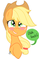 Size: 800x1214 | Tagged: safe, artist:emositecc, applejack, earth pony, pony, blushing, bust, cowboy hat, dialogue, female, flattered, hat, mare, portrait, simple background, smiling, solo, speech bubble, stetson, transparent background