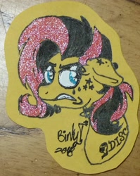 Size: 1836x2311 | Tagged: safe, artist:binkyt11, derpibooru exclusive, fluttershy, pegasus, pony, choker, eye contact, fangs, fluttergoth, glitter, implied discord, looking at each other, piercing, solo, spiked choker, tattoo, traditional art