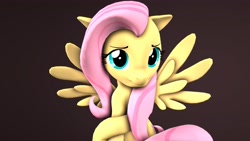 Size: 3840x2160 | Tagged: safe, artist:flushthebatsanta, fluttershy, pegasus, pony, 3d, crossed hooves, cute, female, floppy ears, looking at you, mare, shyabetes, simple background, sitting, solo, source filmmaker, spread wings, wings