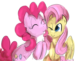 Size: 612x478 | Tagged: safe, artist:dotkwa, fluttershy, pinkie pie, earth pony, pegasus, pony, cute, diapinkes, duo, eyes closed, face licking, female, hooves to the chest, licking, mare, one eye closed, shyabetes, simple background, smiling, tongue out, white background