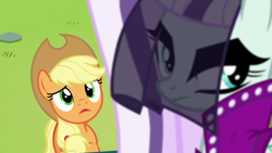 Size: 1280x720 | Tagged: safe, screencap, applejack, coloratura, earth pony, pony, the mane attraction, angry, applejack's hat, countess coloratura, cowboy hat, female, frown, hat, looking away, looking up, mare, outdoors, sad