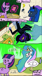 Size: 1190x2160 | Tagged: safe, artist:pdude, nightmare moon, princess celestia, princess luna, twilight sparkle, twilight sparkle (alicorn), alicorn, pony, dialogue, female, prank, stylistic suck