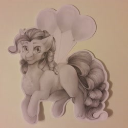 Size: 2638x2638 | Tagged: safe, artist:inowlas, pinkie pie, pony, balloon, high res, monochrome, solo, traditional art