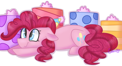 Size: 1024x558 | Tagged: safe, artist:clairedaartiste444, pinkie pie, pony, present, prone, simple background, solo, white background