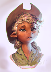 Size: 765x1080 | Tagged: safe, artist:assasinmonkey, applejack, anthro, bust, clothes, cowboy hat, crying, female, freckles, hat, portrait, realistic, signature, simple background, solo, uncanny valley, white background