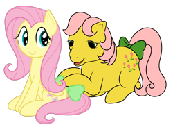 Size: 2250x1650 | Tagged: safe, artist:nitei, fluttershy, posey, earth pony, pegasus, pony, g1, g4, 35th anniversary, bow, duo, female, g1 to g4, generation leap, generational ponidox, mare, simple background, tail bow, transparent background