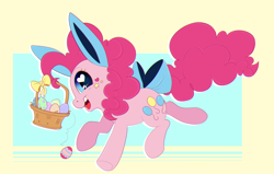 Size: 2276x1448 | Tagged: safe, artist:ponycide, pinkie pie, earth pony, pony, basket, bow, bunny ears, easter, easter basket, easter egg, female, heart eyes, holiday, mare, simple background, solo, wingding eyes