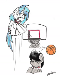 Size: 1512x1971 | Tagged: safe, artist:bobthedalek, dj pon-3, octavia melody, vinyl scratch, earth pony, pony, unicorn, abuse, ball, basketball, duo, get dunked on, tavibuse, traditional art