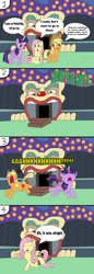 Size: 2337x6799 | Tagged: safe, artist:equestriaguy637, derpibooru import, applejack, fluttershy, twilight sparkle, twilight sparkle (alicorn), alicorn, earth pony, pegasus, pony, perfect day for fun, clown, comic, haunted house, role reversal, scene interpretation, screaming