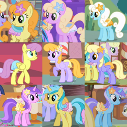 Size: 600x600 | Tagged: safe, edit, edited screencap, screencap, amethyst star, carrot top, diamond mint, drizzle, golden harvest, lemony gem, orange blossom, parasol, prim posy, serena, sparkler, spring forward, earth pony, pegasus, pony, unicorn, background pony, background pony chart, chart, clothes, collage, cropped, female, flower, flower in hair, mare, party ponies, romana, saddle, skirt, tack