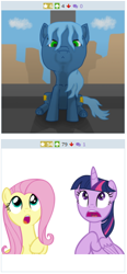 Size: 258x557 | Tagged: safe, derpibooru import, fluttershy, twilight sparkle, twilight sparkle (alicorn), oc, oc:adora belle, alicorn, earth pony, pegasus, pony, derpibooru, juxtaposition, meta