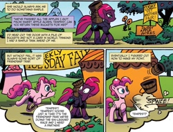 Size: 1262x965 | Tagged: safe, artist:andypriceart, idw, pinkie pie, tempest shadow, earth pony, pony, unicorn, spoiler:comic, spoiler:comic67, armor, broken horn, comic, cropped, duo, eye scar, female, hoof shoes, mare, official comic, rope, running away, scar, speech bubble