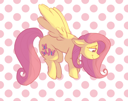 Size: 1280x1013 | Tagged: safe, artist:boyslushie, fluttershy, pegasus, pony, abstract background, cutie mark, female, floppy ears, flying, lidded eyes, looking down, mare, polka dot background, profile, smiling, solo, spread wings, wings