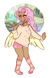 Size: 967x1510 | Tagged: safe, artist:bubaiuv, fluttershy, human, brush, clothes, cutie mark on clothes, dark skin, humanized, moderate dark skin, shorts, simple background, singing, socks, solo, striped socks, sweater, sweatershy, transparent background, winged humanization, wings