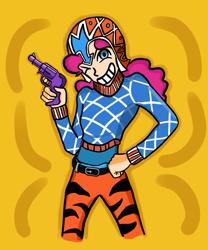 Size: 2963x3564 | Tagged: safe, artist:jamesfinch, pinkie pie, human, abstract background, guido mista, gun, handgun, humanized, jojo's bizarre adventure, revolver, solo, vento aureo, weapon