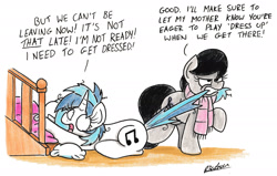 Size: 2343x1493 | Tagged: safe, artist:bobthedalek, dj pon-3, octavia melody, vinyl scratch, earth pony, pony, unicorn, bed mane, biting, clothes, dialogue, female, gritted teeth, mare, messy mane, mouth hold, open mouth, pillow, scarf, shrunken pupils, tail, tail bite, tail pull, traditional art, unamused, wide eyes