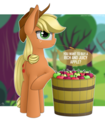 Size: 3245x3761 | Tagged: safe, artist:creativitybox18, applejack, earth pony, pony, apple basket, apple tree, basket, looking at you, mouth hold, question, solo, straw, talking to viewer, tree