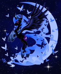 Size: 2904x3501 | Tagged: safe, artist:artist-apprentice587, nightmare moon, alicorn, butterfly, pony, blushing, crescent moon, cute, eyes closed, female, flying, high res, mare, moon, moonabetes, rearing, solo, space, stars
