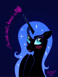 Size: 1606x2138 | Tagged: safe, artist:artist-apprentice587, nightmare moon, alicorn, pony, :3, blue background, blushing, cute, female, mare, missing accessory, moonabetes, nicemare moon, simple background, solo, wingless