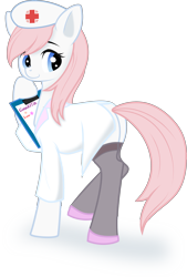 Size: 2591x3832 | Tagged: safe, artist:constellite, artist:ringo, nurse redheart, earth pony, pony, adoredheart, alternate hairstyle, clipboard, clothes, cute, female, heartabetes, looking back, mare, nurse, smiling, solo, stockings