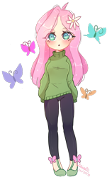 Size: 802x1325 | Tagged: safe, artist:emily-826, fluttershy, butterfly, human, chibi, clothes, humanized, pants, simple background, solo, sweater, sweatershy, transparent background