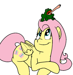 Size: 610x633 | Tagged: safe, artist:bennimarru, fluttershy, frog, pegasus, pony, female, flat colors, fly (insect), folded wings, looking at something, looking up, lying down, mare, prone, simple background, sitting on head, smiling, solo, tongue out, transparent background, wings