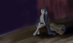 Size: 3015x1777 | Tagged: safe, artist:taggerung, octavia melody, earth pony, pony, bow (instrument), cello, chair, musical instrument, sad, solo, stage