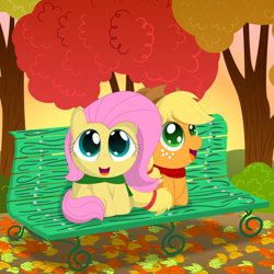 Size: 1500x1500 | Tagged: safe, artist:spellboundcanvas, applejack, fluttershy, earth pony, pegasus, pony, autumn, bench, clothes, hat, scarf, scarves, sunset, tree