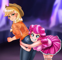 Size: 1000x977 | Tagged: safe, artist:racoonsan, applejack, pinkie pie, human, shadow play, applebutt, applejack is not amused, applejack's hat, ass, blushing, breasts, butt touch, butthug, clothes, cowboy hat, faceful of ass, female, frown, grin, hat, hug, humanized, pants, pinkie hugging applejack's butt, scene interpretation, skirt, smiling, stetson, unamused