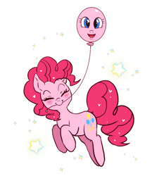 Size: 960x1077 | Tagged: safe, artist:hosikawa, pinkie pie, earth pony, pony, balloon, blushing, cute, diapinkes, eyes closed, female, jumping, mare, mouth hold, pinkie being pinkie, smiling, solo, stars