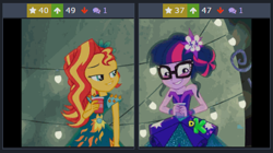 Size: 436x244 | Tagged: safe, edit, edited screencap, screencap, sci-twi, sunset shimmer, twilight sparkle, equestria girls, legend of everfree, derpibooru, discovery kids, juxtaposition, juxtaposition win, meme, meta