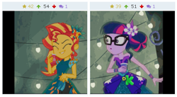 Size: 489x267 | Tagged: safe, screencap, sci-twi, sunset shimmer, twilight sparkle, equestria girls, legend of everfree, derpibooru, discovery kids, juxtaposition, meta