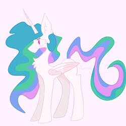 Size: 900x900 | Tagged: safe, artist:junko, derpibooru exclusive, princess celestia, alicorn, pony, big ears, chest fluff, closed wing, digital art, ear fluff, eye shimmer, female, flowing mane, full body, horn, large wings, long horn, looking offscreen, mare, no armor, no mouth, paint tool sai, profile, sai, simple background, solo, wavy mane, wings