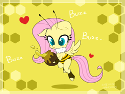 Size: 1720x1300 | Tagged: safe, artist:potetecyu_to, fluttershy, bee, pegasus, pony, animal costume, antennae, bee costume, chibi, clothes, costume, cute, female, flutterbee, food, heart, honey, hoof hold, looking at something, mare, neck fluff, pot, shyabetes, solo, spill, spread wings, wings