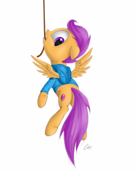 Size: 3086x3923 | Tagged: safe, artist:deltauraart, scootaloo, clothes, cutie mark, hang in there, hanging, hoodie, mouth hold, rope, simple background, solo, the cmc's cutie marks, white background