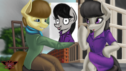 Size: 3840x2160 | Tagged: safe, artist:tsaritsaluna, octavia melody, oc, oc:kettle master, earth pony, pony, canvas, clothes, easel, england, female, male, mare, phone booth, ponysona, stallion, stool, style emulation, tree