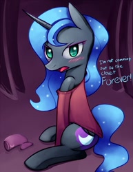 Size: 927x1200 | Tagged: safe, artist:negativefox, nightmare moon, alicorn, pony, clothes, female, looking at you, mare, misspelling, off shoulder, sitting, solo, tsundere moon