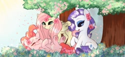 Size: 992x452 | Tagged: safe, artist:ponycide, fluttershy, pinkie pie, rarity, earth pony, pegasus, pony, unicorn, cute, female, flower, flower in hair, mare, on back, raised hoof, smiling, tree, trio